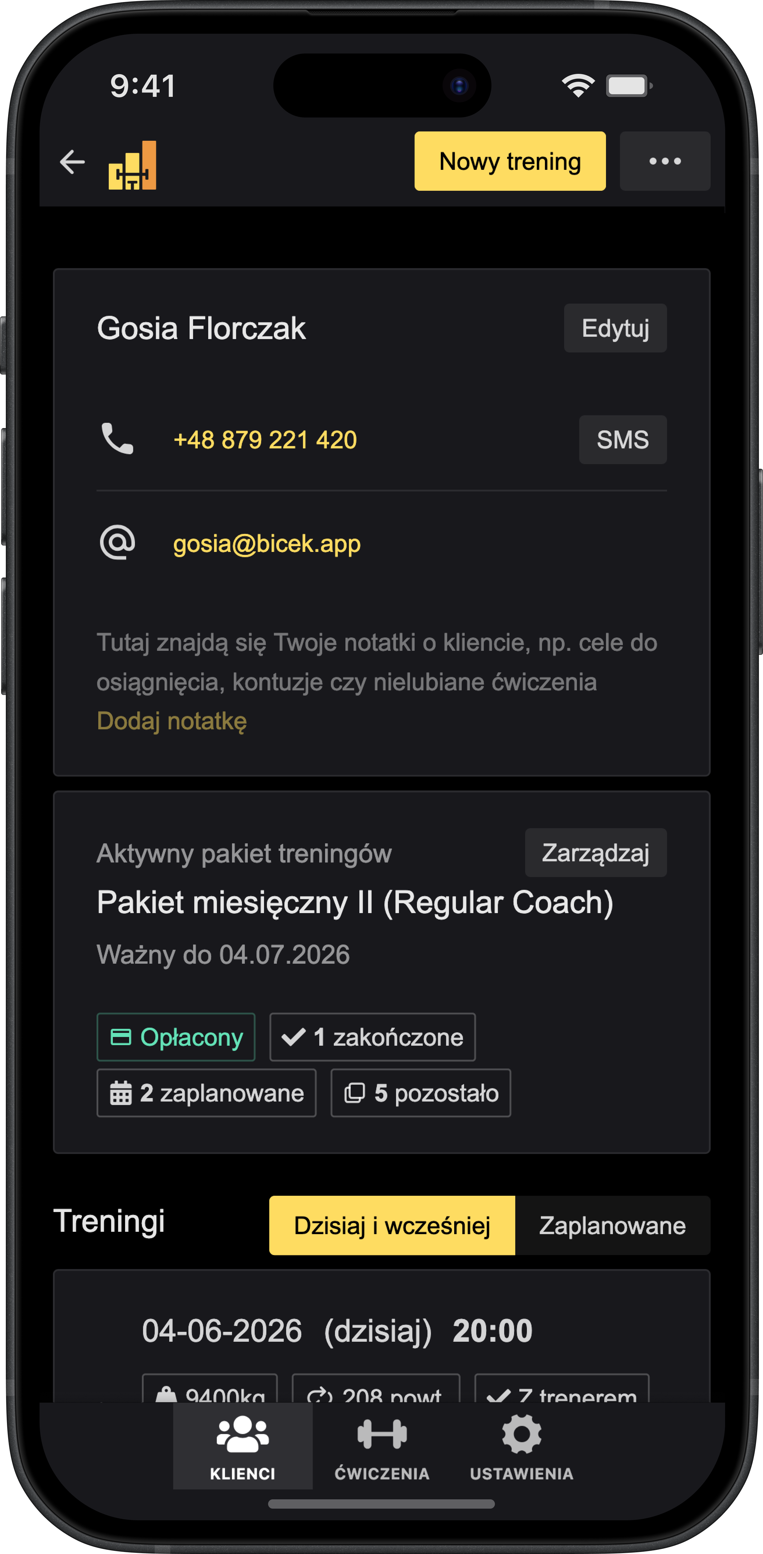 Podgląd aplikacji studio-trainer na telefonie